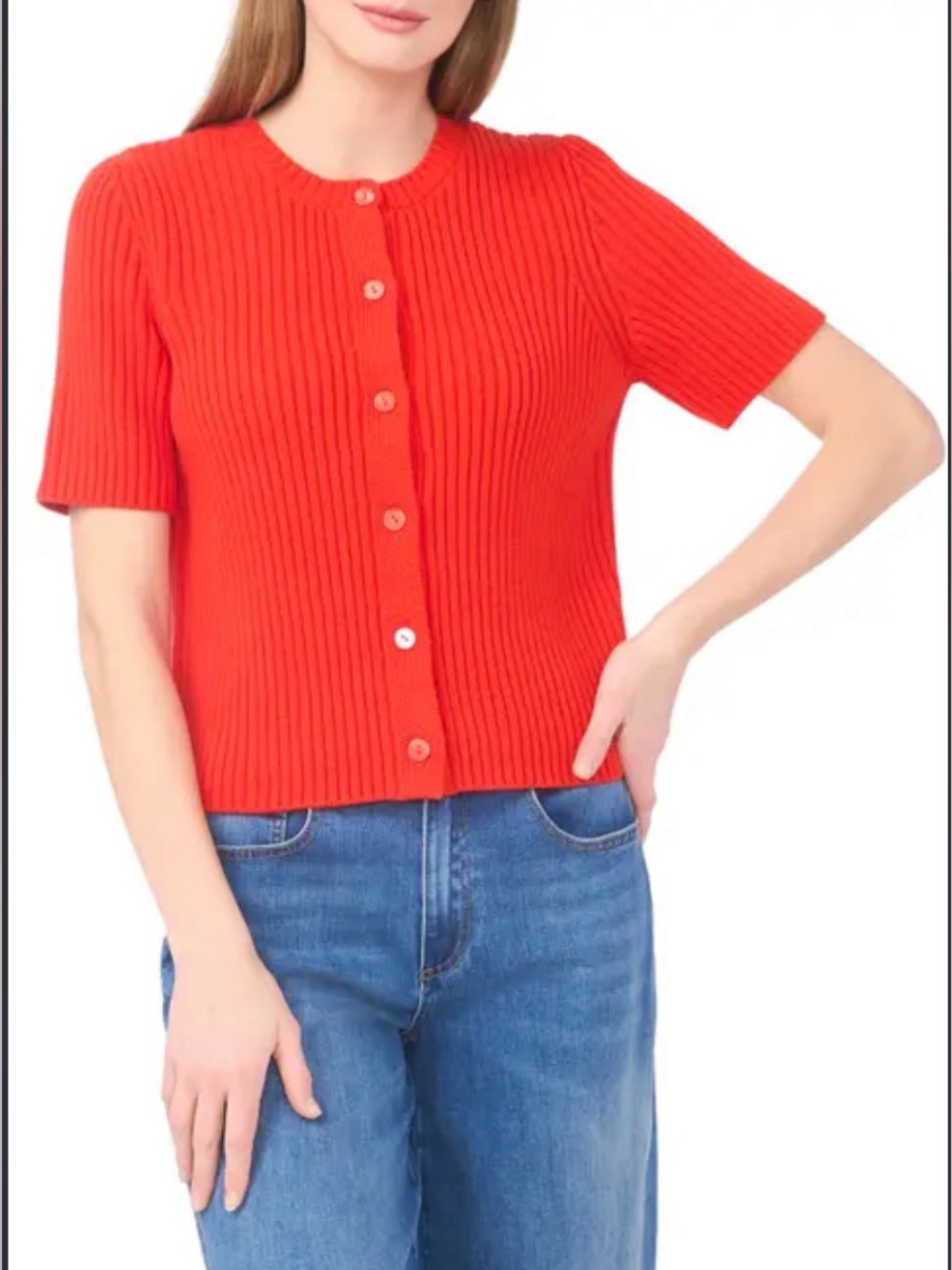Halogen | large, EUC, Women’s Short-Sleeve Ribbed Button Cardigan - Red
